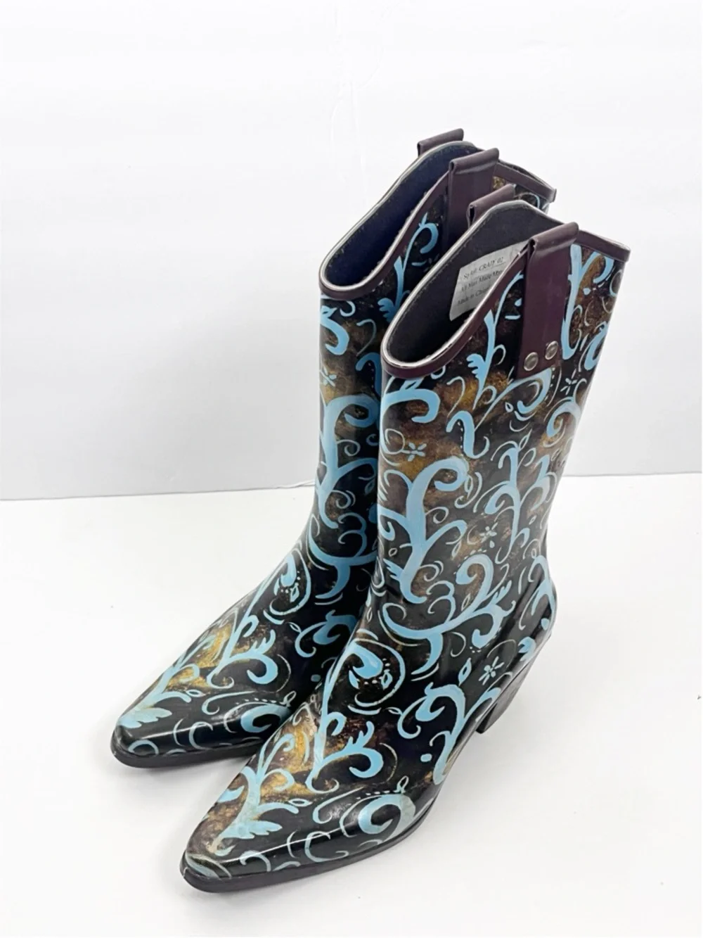 BOPS By Beehive Crain 02 Paisley Print Pointy Toe Rain Boots Size 6 Western Boho